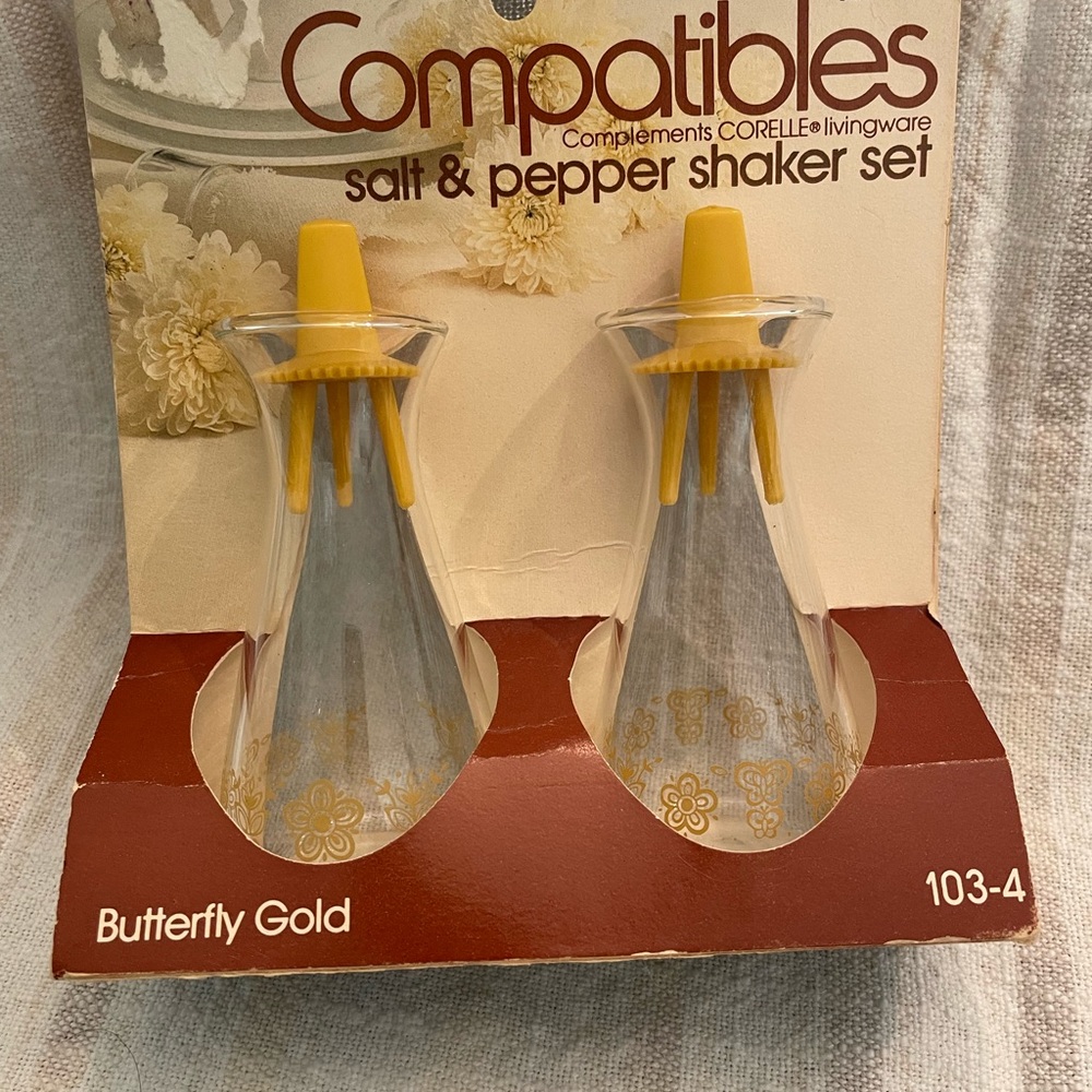 New in package! Rare, vintage Corning Butterfly Gold Salt & Pepper shakers.